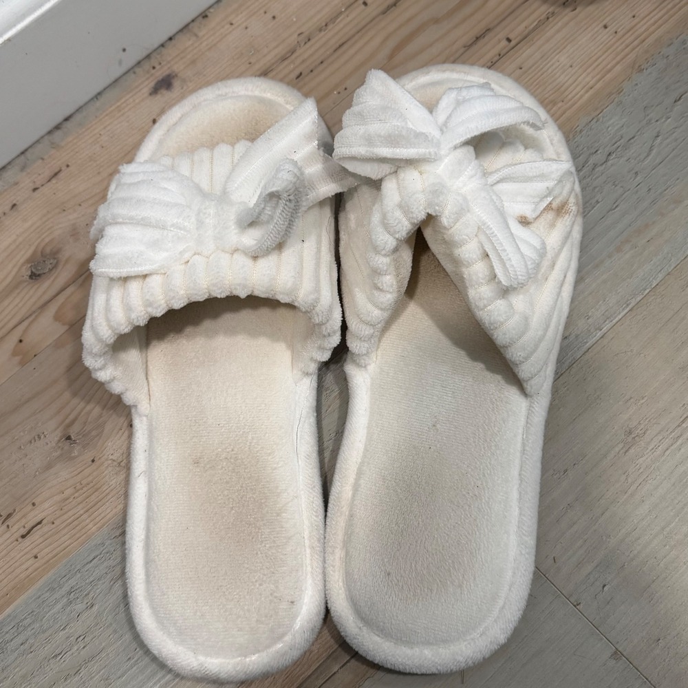Unbranded Bow Ribbed Spa Slippers Size CN 42/43 Off White Open Toe Slides